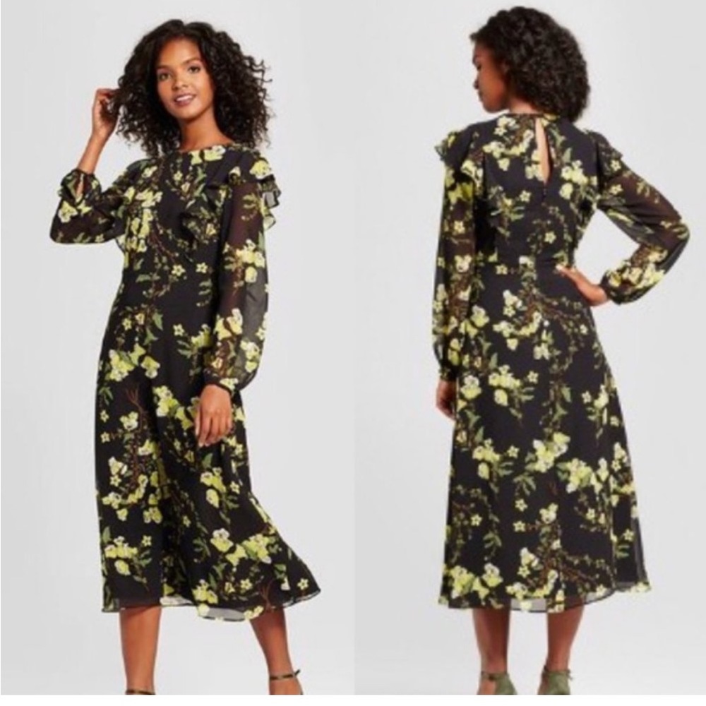 🌼Who What Wear Black Yellow Floral Ruffled Midi Dress Long Sleeves Sz Small